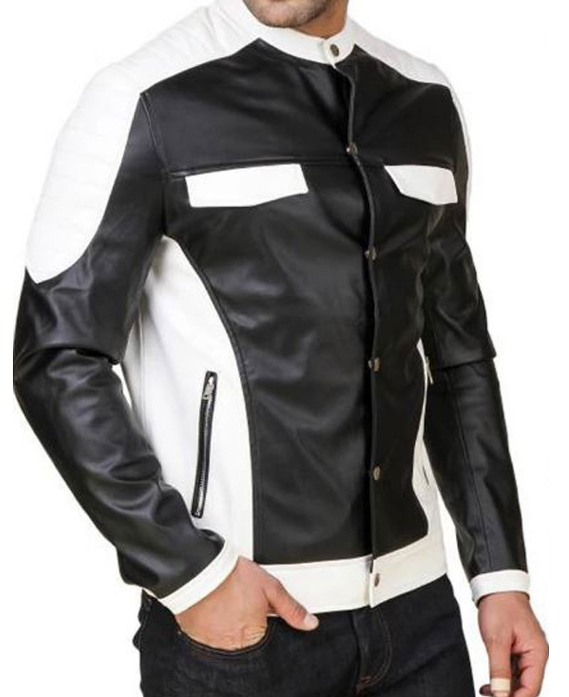 Men's FJM558 Shirt Style Black and White Leather Jacket Men's FJM558 Shirt Style Black and White Leather Jacket - Image 4