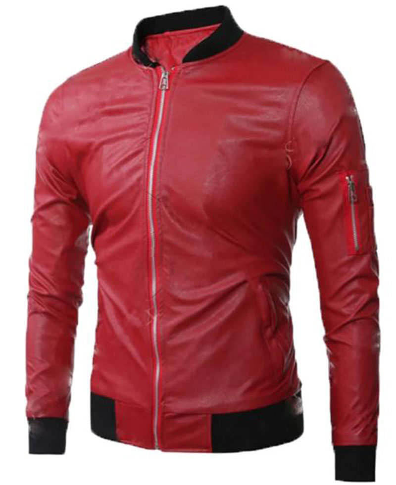 Men's FJM560 Bomber Black Rib Red Leather Jacket Men's FJM560 Bomber Black Rib Red Leather Jacket - Image 3