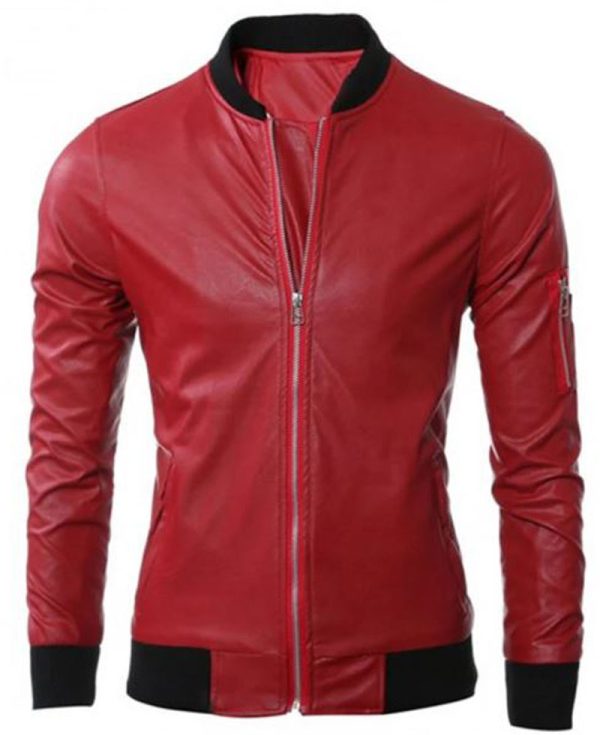 Men's FJM560 Bomber Black Rib Red Leather Jacket