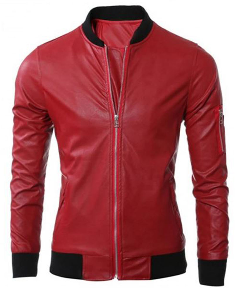 Men's FJM560 Bomber Black Rib Red Leather Jacket