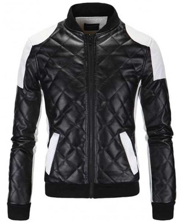 Men's FJM574 Bomber White and Black Quilted Leather Jacket