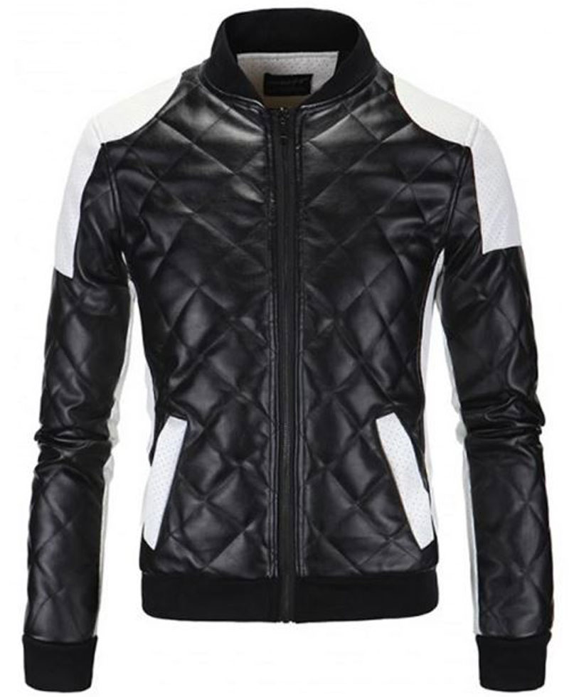Men's FJM574 Bomber White and Black Quilted Leather Jacket Men's FJM574 Bomber White and Black Quilted Leather Jacket