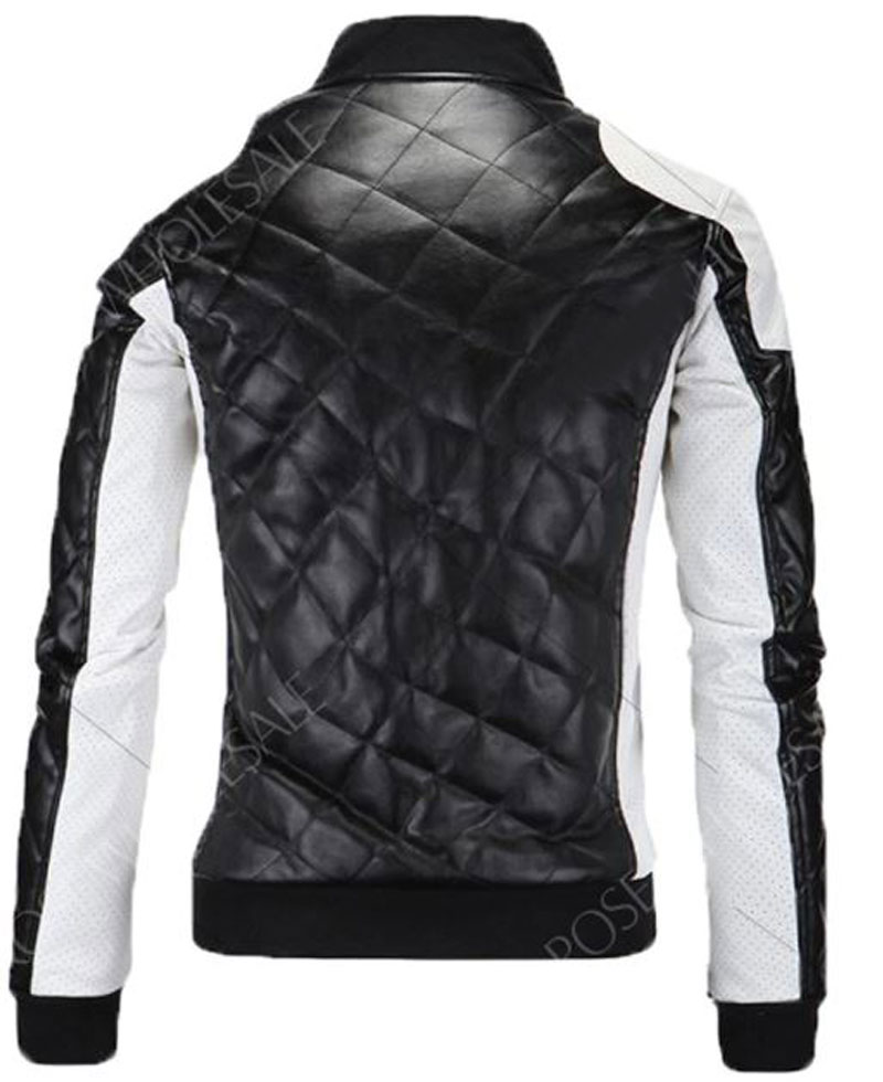 Men's FJM574 Bomber White and Black Quilted Leather Jacket Men's FJM574 Bomber White and Black Quilted Leather Jacket - Image 2