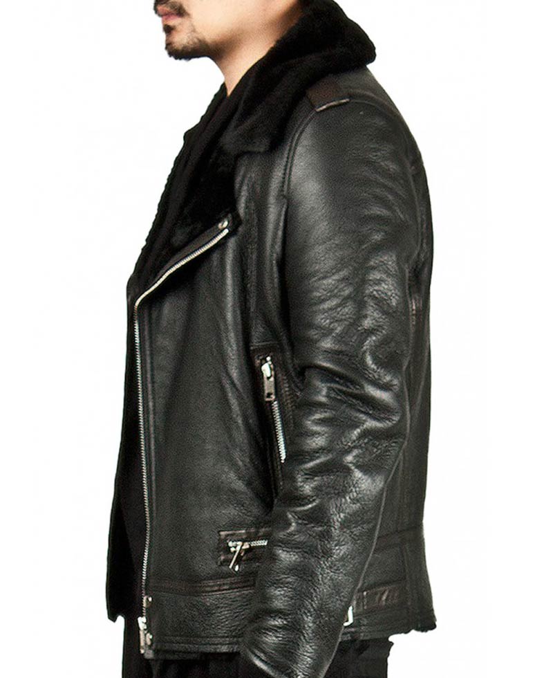 Men's Asymmetrical Zipper Fur Lined Black Leather Jacket Men's Asymmetrical Zipper Fur Lined Black Leather Jacket - Image 3