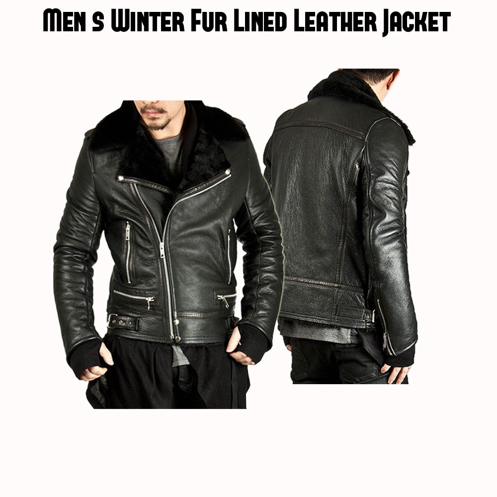 Men's Asymmetrical Zipper Fur Lined Black Leather Jacket Men's Asymmetrical Zipper Fur Lined Black Leather Jacket - Image 4