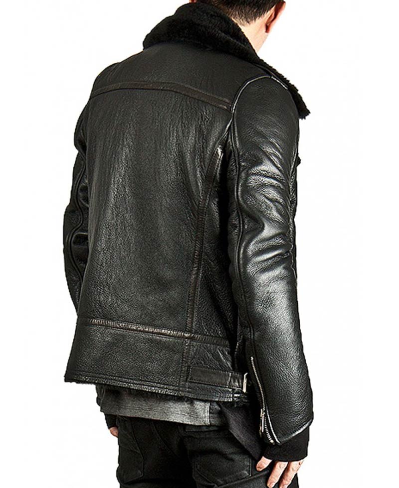 Men's Asymmetrical Zipper Fur Lined Black Leather Jacket Men's Asymmetrical Zipper Fur Lined Black Leather Jacket - Image 2