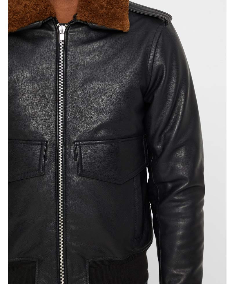 Men's Grain Black Leather Bomber Jacket with Brown Faux Fur Collar Men's Grain Black Leather Bomber Jacket with Brown Faux Fur Collar - Image 6