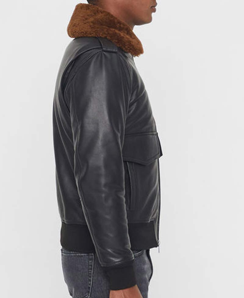Men's Grain Black Leather Bomber Jacket with Brown Faux Fur Collar Men's Grain Black Leather Bomber Jacket with Brown Faux Fur Collar - Image 4