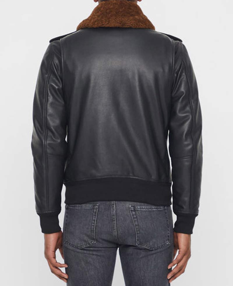 Men's Grain Black Leather Bomber Jacket with Brown Faux Fur Collar Men's Grain Black Leather Bomber Jacket with Brown Faux Fur Collar - Image 7