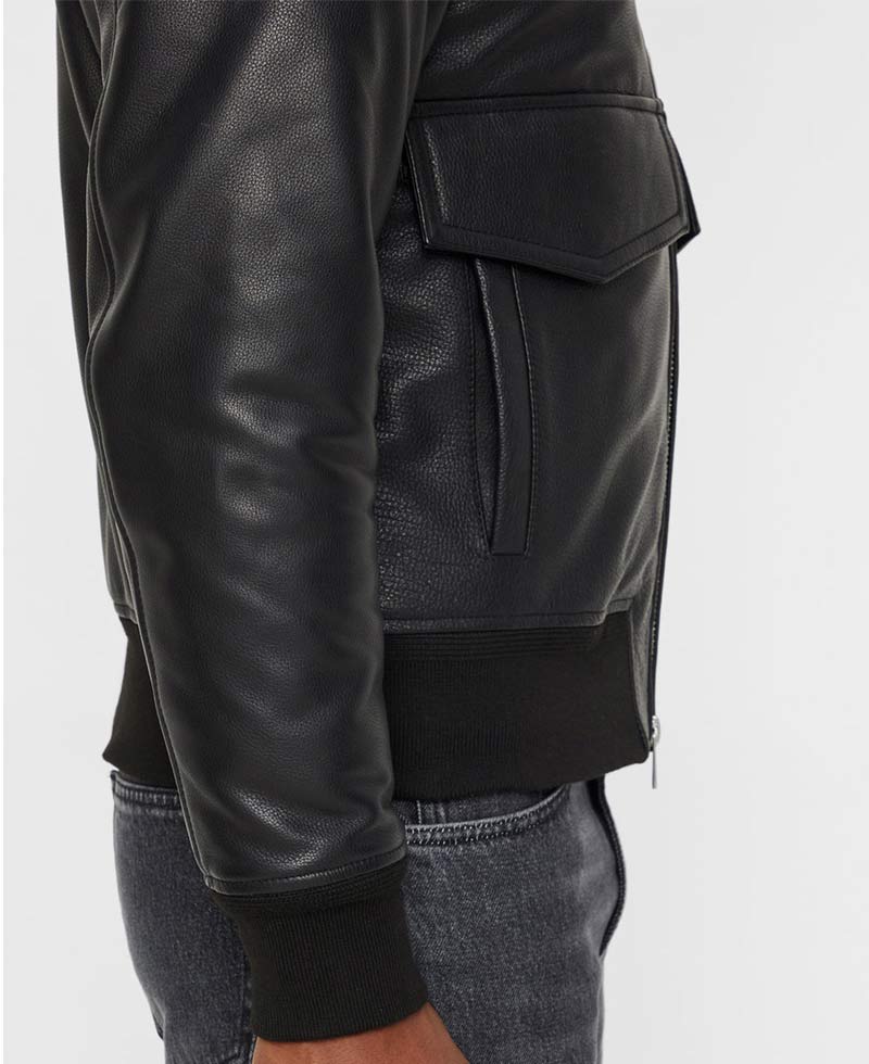 Men's Grain Black Leather Bomber Jacket with Brown Faux Fur Collar Men's Grain Black Leather Bomber Jacket with Brown Faux Fur Collar - Image 5