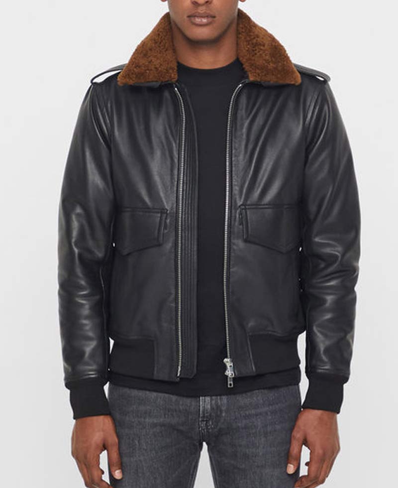 Men's Grain Black Leather Bomber Jacket with Brown Faux Fur Collar Men's Grain Black Leather Bomber Jacket with Brown Faux Fur Collar - Image 2