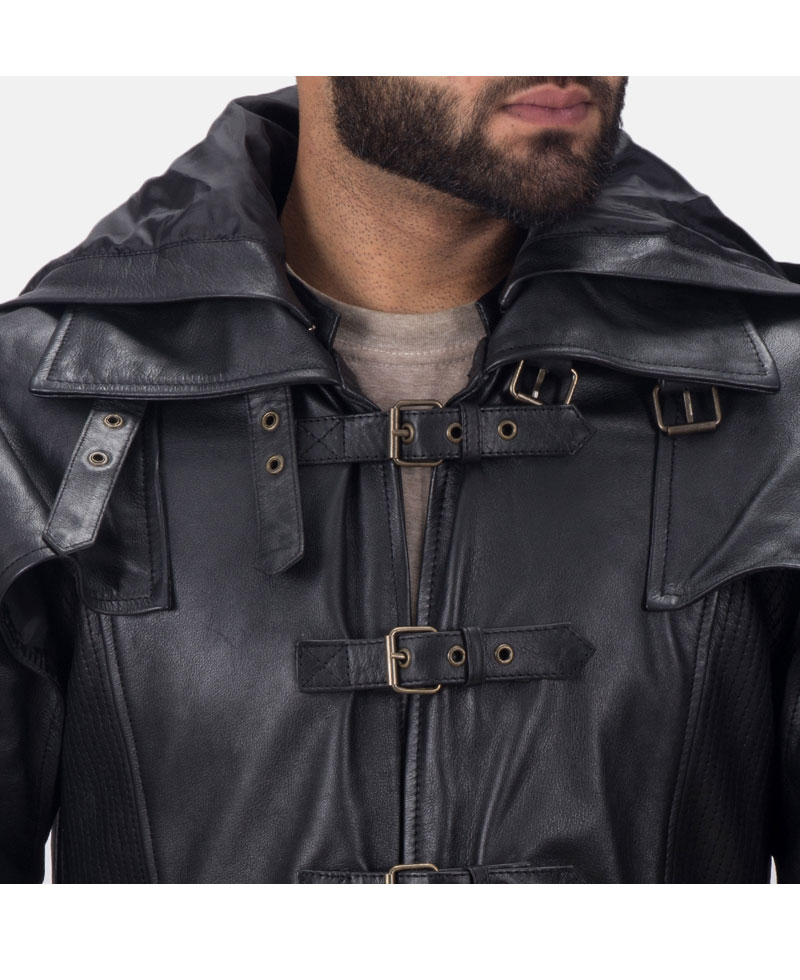 Men's Huntsman Black Leather Trench Coat Men's Huntsman Black Leather Trench Coat - Image 3