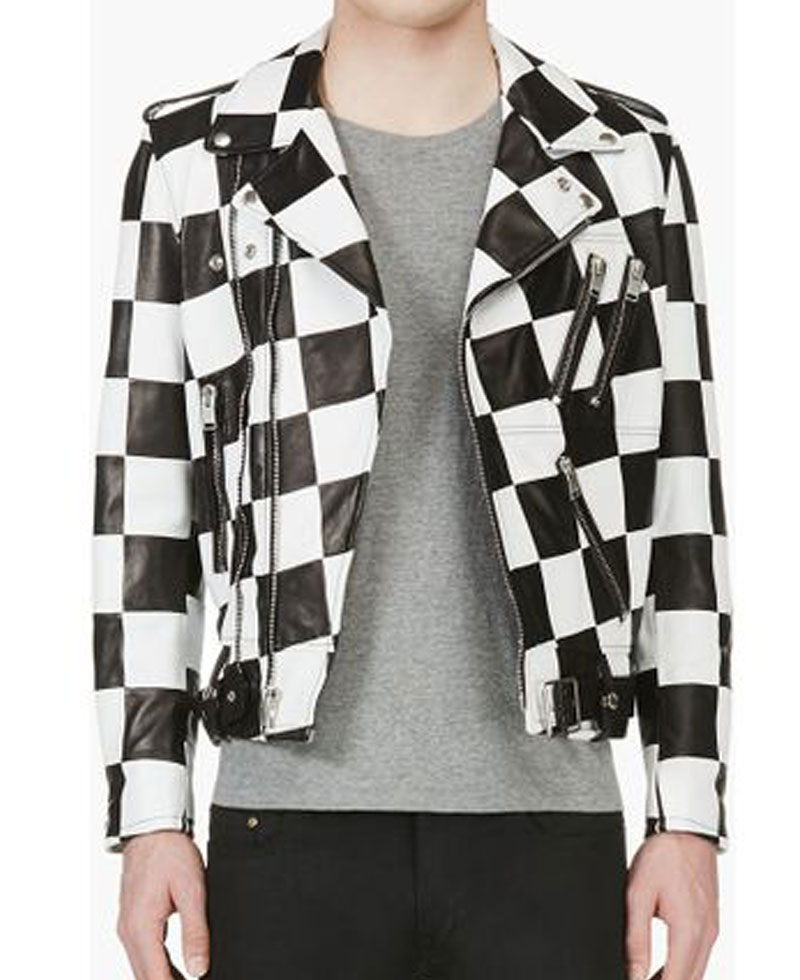 Men's Belted Checkerboard Leather Jacket Men's Belted Checkerboard Leather Jacket - Image 2