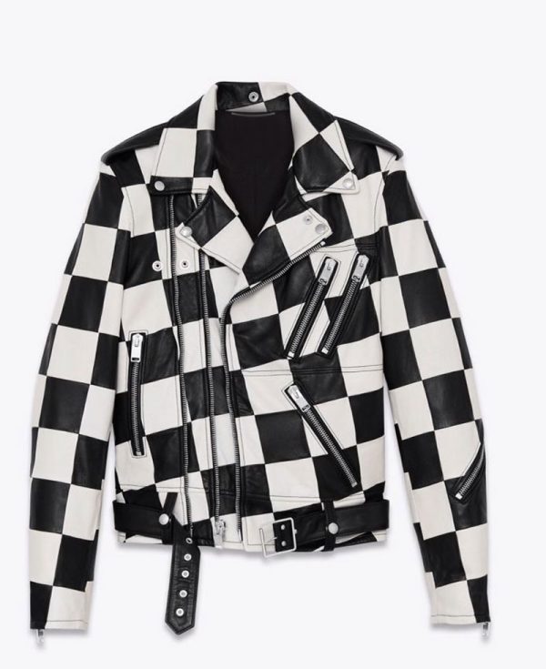 Men's Belted Checkerboard Leather Jacket