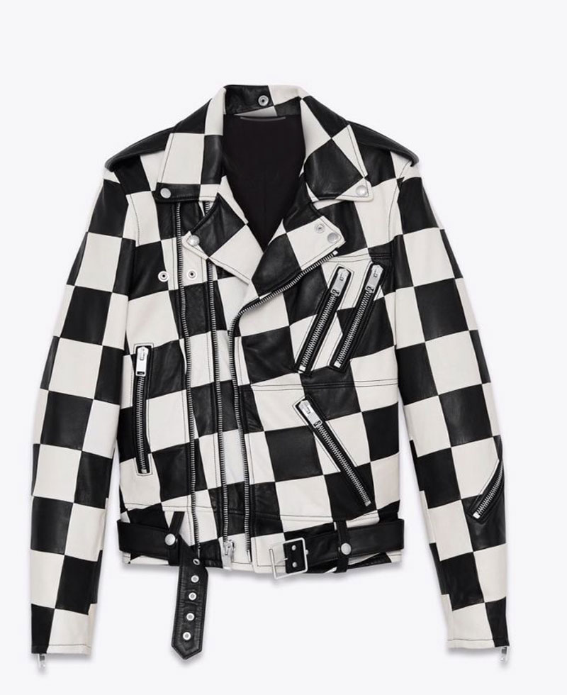 Men's Belted Checkerboard Leather Jacket Men's Belted Checkerboard Leather Jacket