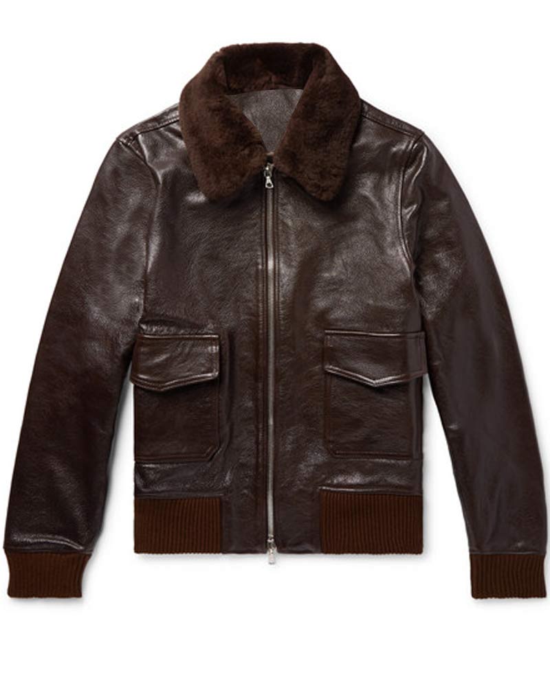 Men's John Bomber Brown Leather Jacket with Fur Collar Men's John Bomber Brown Leather Jacket with Fur Collar - Image 3