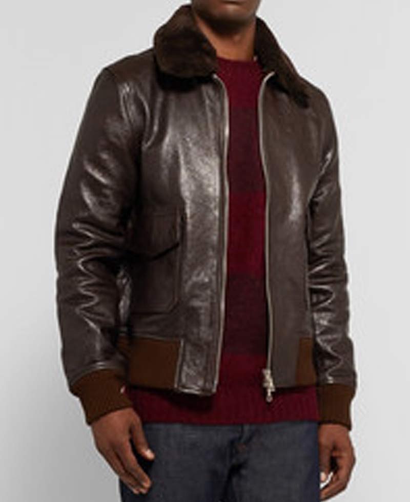 Men's John Bomber Brown Leather Jacket with Fur Collar Men's John Bomber Brown Leather Jacket with Fur Collar - Image 2