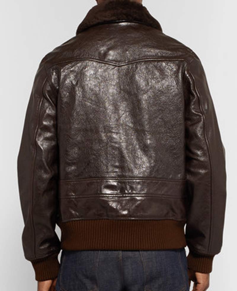 Men's John Bomber Brown Leather Jacket with Fur Collar Men's John Bomber Brown Leather Jacket with Fur Collar - Image 6