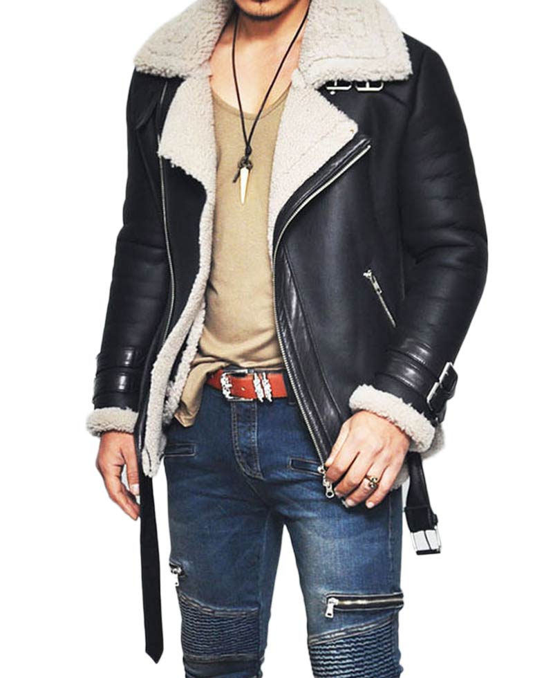 Men's Motorcycle Rider Lambskin Leather Shearling Jacket