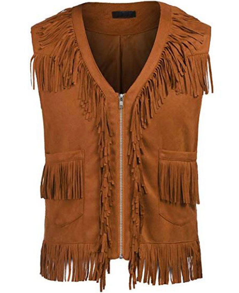 Men's MFJ021 Cowboy Fringe Brown Vest Men's MFJ021 Cowboy Fringe Brown Vest - Image 2