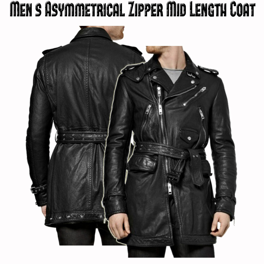 Men's Biker Mid Length Leather Coat Men's Biker Mid Length Leather Coat - Image 3