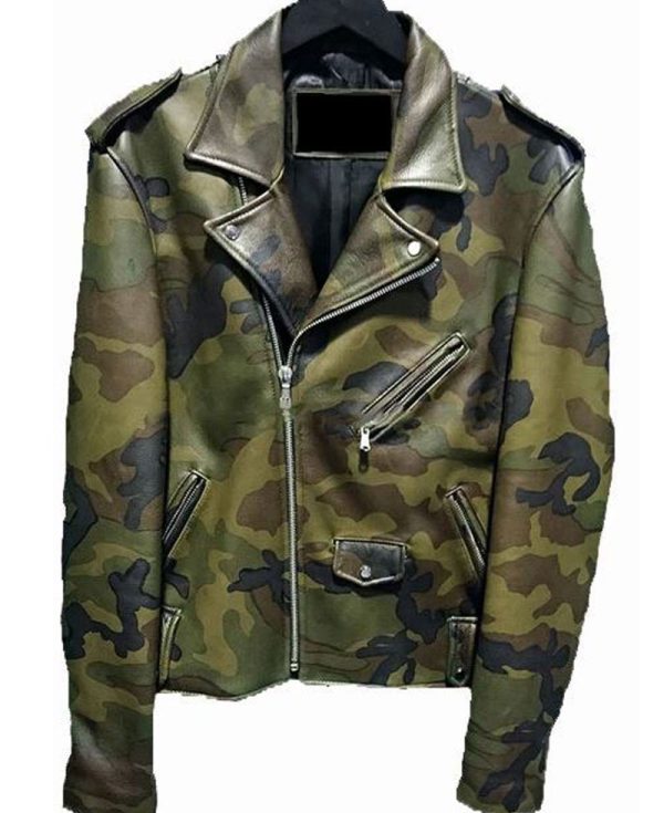 Men's Military Print Camouflage Leather Jacket