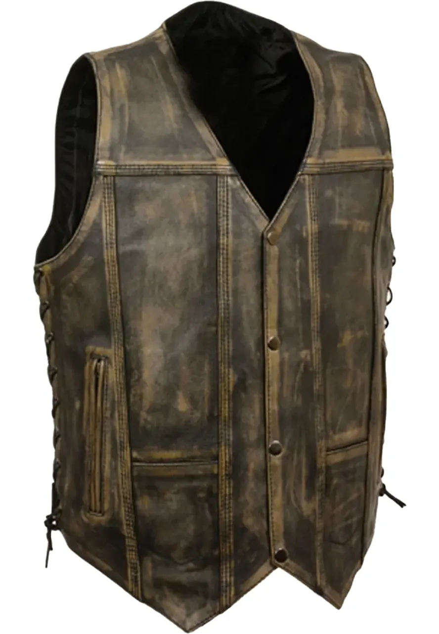 Men's Side Lace Distressed Brown Leather Motorcycle Vest Men's Side Lace Distressed Brown Leather Motorcycle Vest