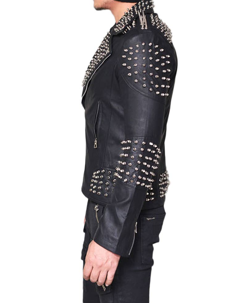 Men's Biker Spiked Black Lambskin Leather Jacket Men's Biker Spiked Black Lambskin Leather Jacket - Image 3