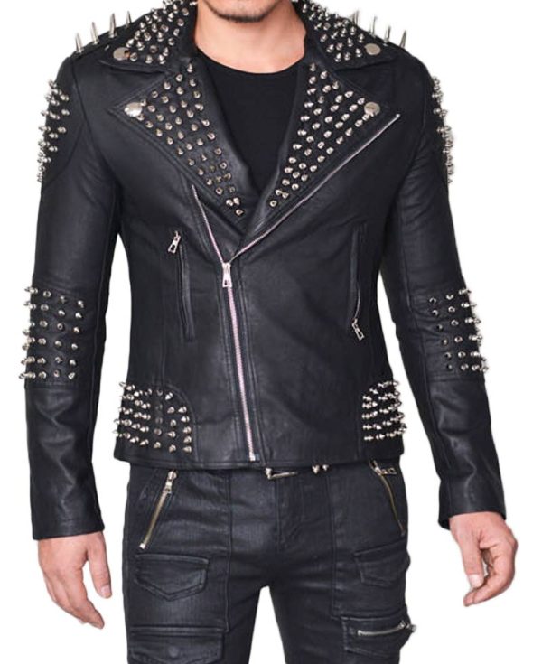 Men's Biker Spiked Black Lambskin Leather Jacket