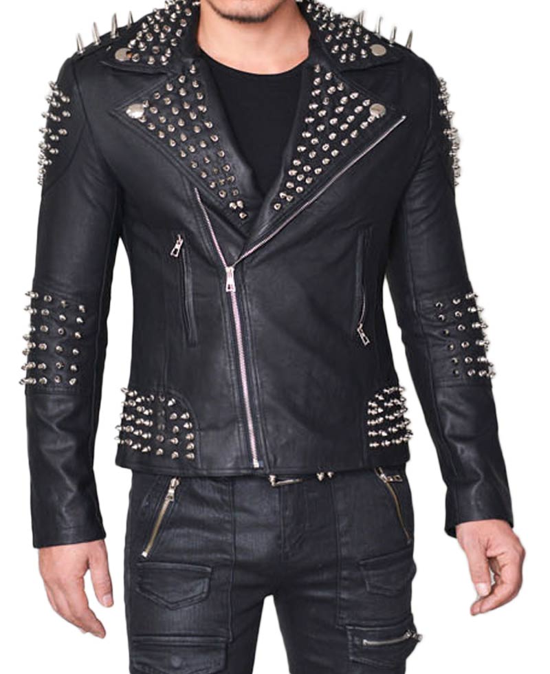 Men's Biker Spiked Black Lambskin Leather Jacket