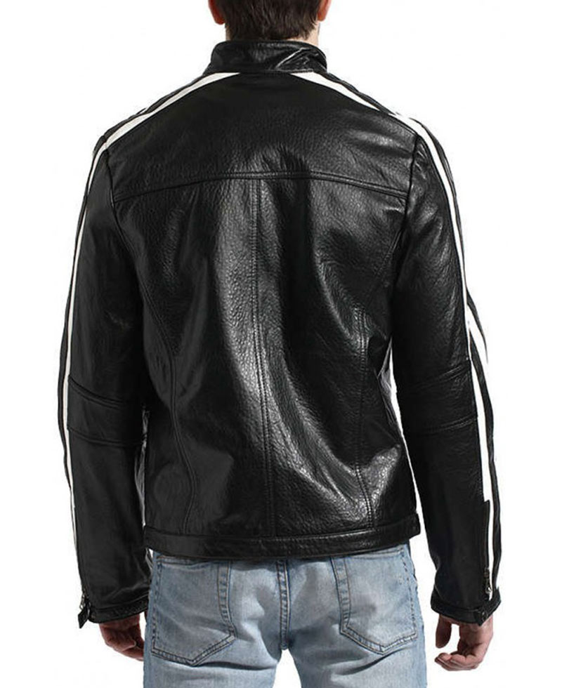 Men's White Striped Desing Biker Style Black Leather Jacket moto racer jacket