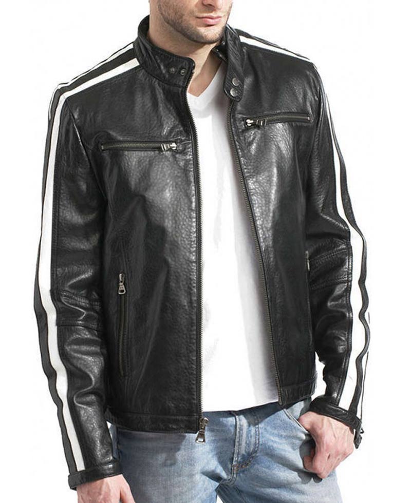 Men's White Striped Desing Biker Style Black Leather Jacket white striped leather jacket