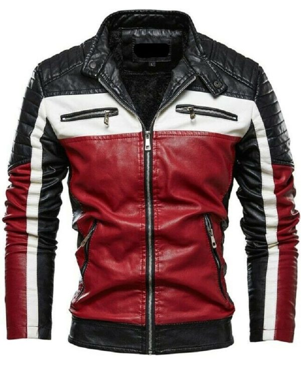 Men's Black White and Red Slim Fit Leather Biker Jacket