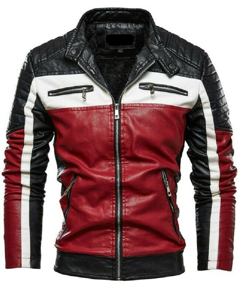 Men's Black White and Red Slim Fit Leather Biker Jacket Men's Black White and Red Slim Fit Leather Biker Jacket