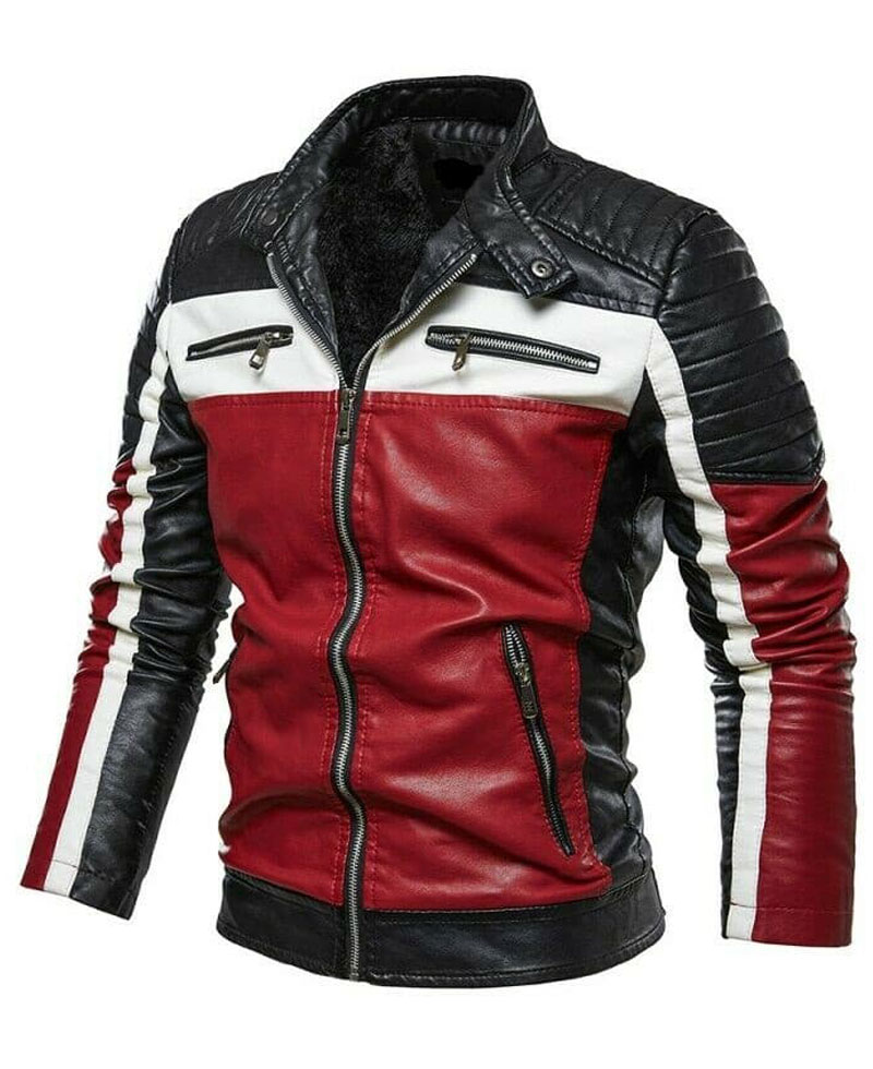 Men's Black White and Red Slim Fit Leather Biker Jacket Men's Black White and Red Slim Fit Leather Biker Jacket - Image 3