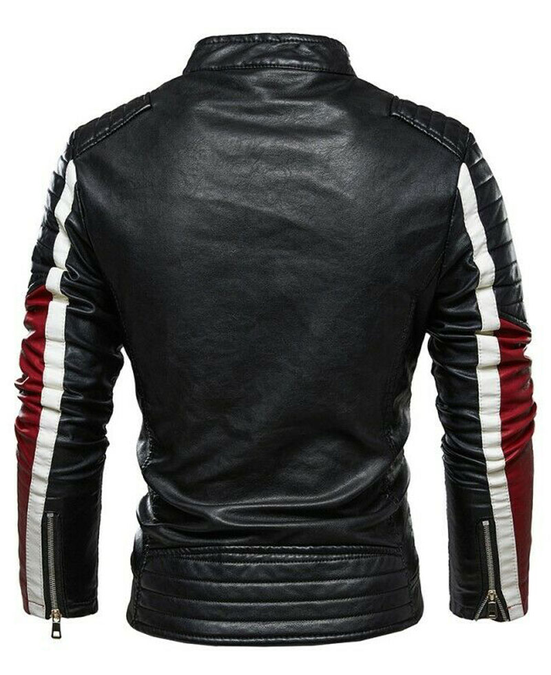 Men's Black White and Red Slim Fit Leather Biker Jacket Men's Black White and Red Slim Fit Leather Biker Jacket - Image 2