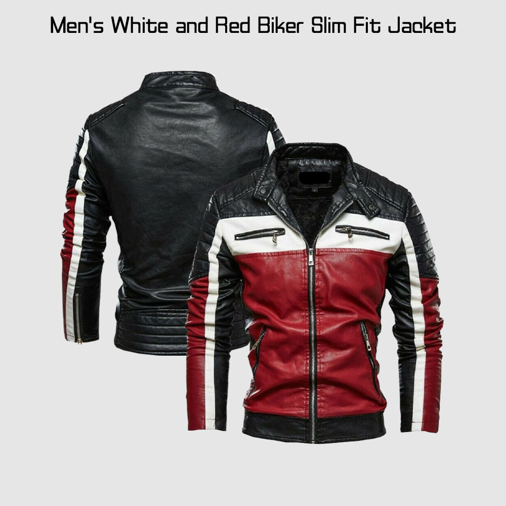 Men's Black White and Red Slim Fit Leather Biker Jacket Men's Black White and Red Slim Fit Leather Biker Jacket - Image 4