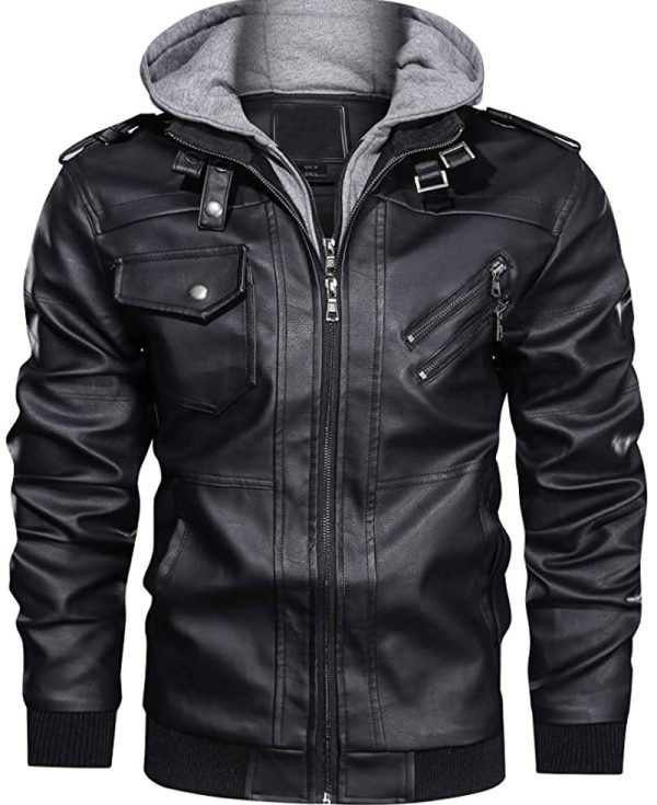 Men's Bomber Motorcycle Black Leather Jacket with Hood