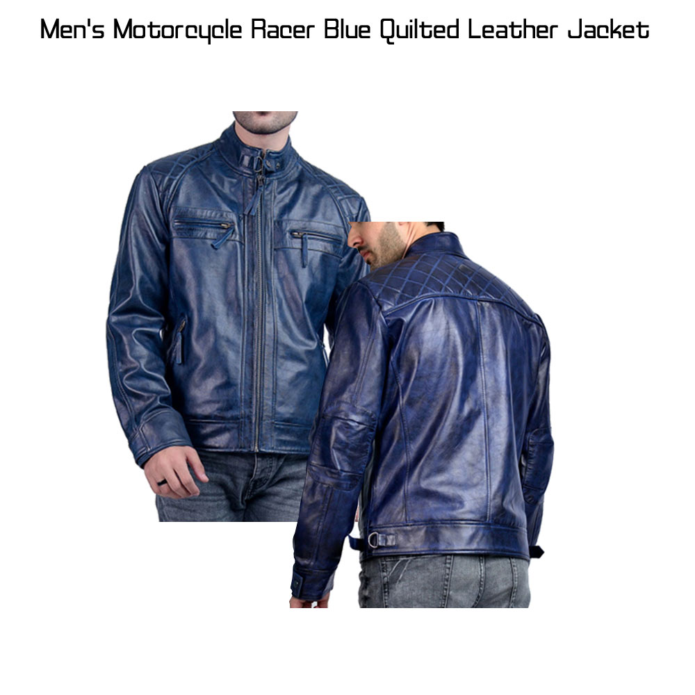 Men's Biker Cafe Racer Blue Quilted Leather Jacket Men's Biker Cafe Racer Blue Quilted Leather Jacket - Image 6