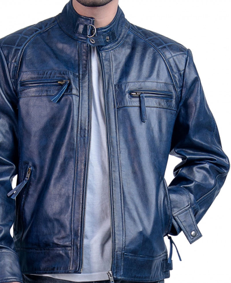 Men's Biker Cafe Racer Blue Quilted Leather Jacket Men's Biker Cafe Racer Blue Quilted Leather Jacket - Image 5