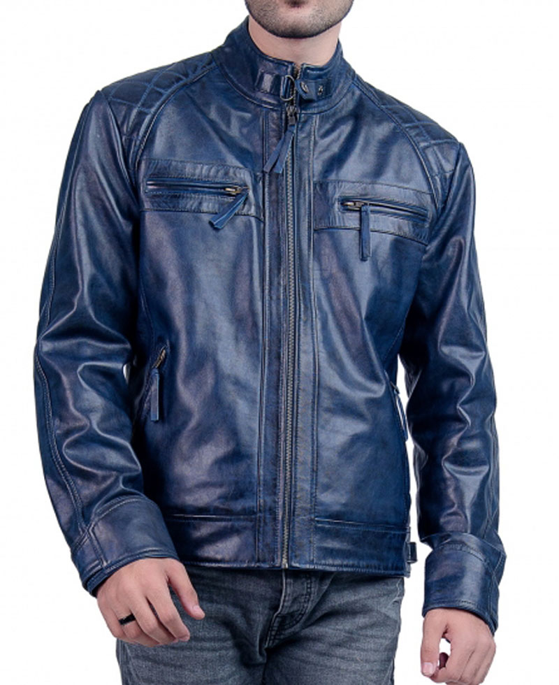 Men's Biker Cafe Racer Blue Quilted Leather Jacket