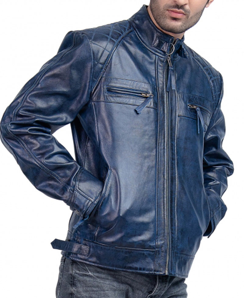 Men's Biker Cafe Racer Blue Quilted Leather Jacket Men's Biker Cafe Racer Blue Quilted Leather Jacket - Image 3