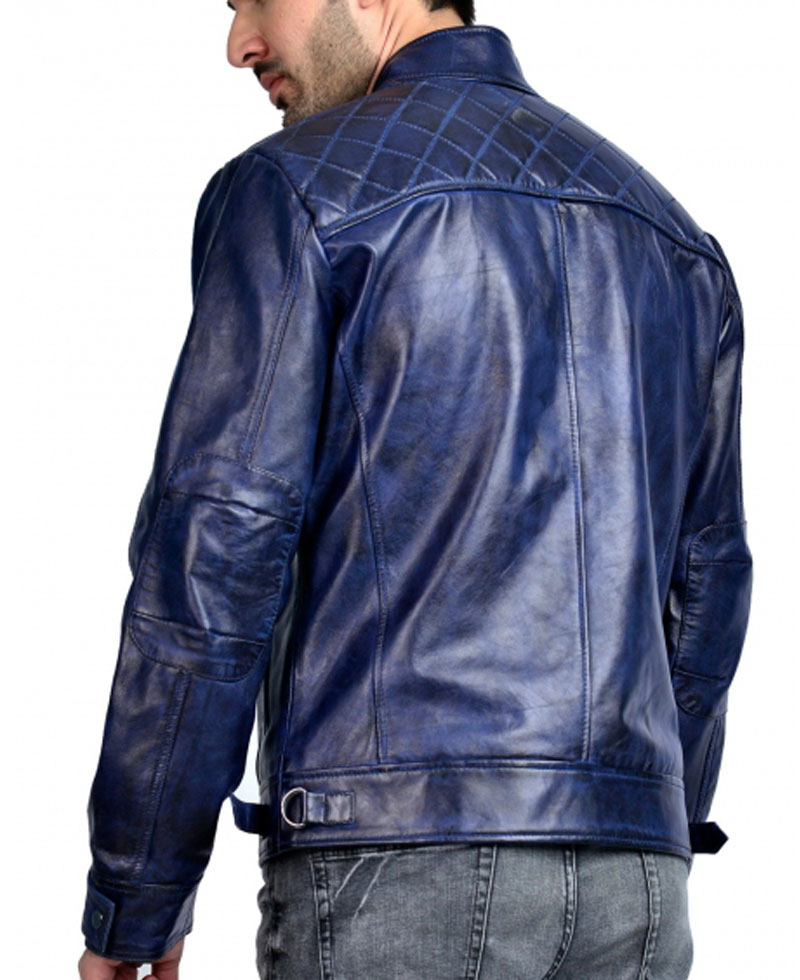Men's Biker Cafe Racer Blue Quilted Leather Jacket Men's Biker Cafe Racer Blue Quilted Leather Jacket - Image 2