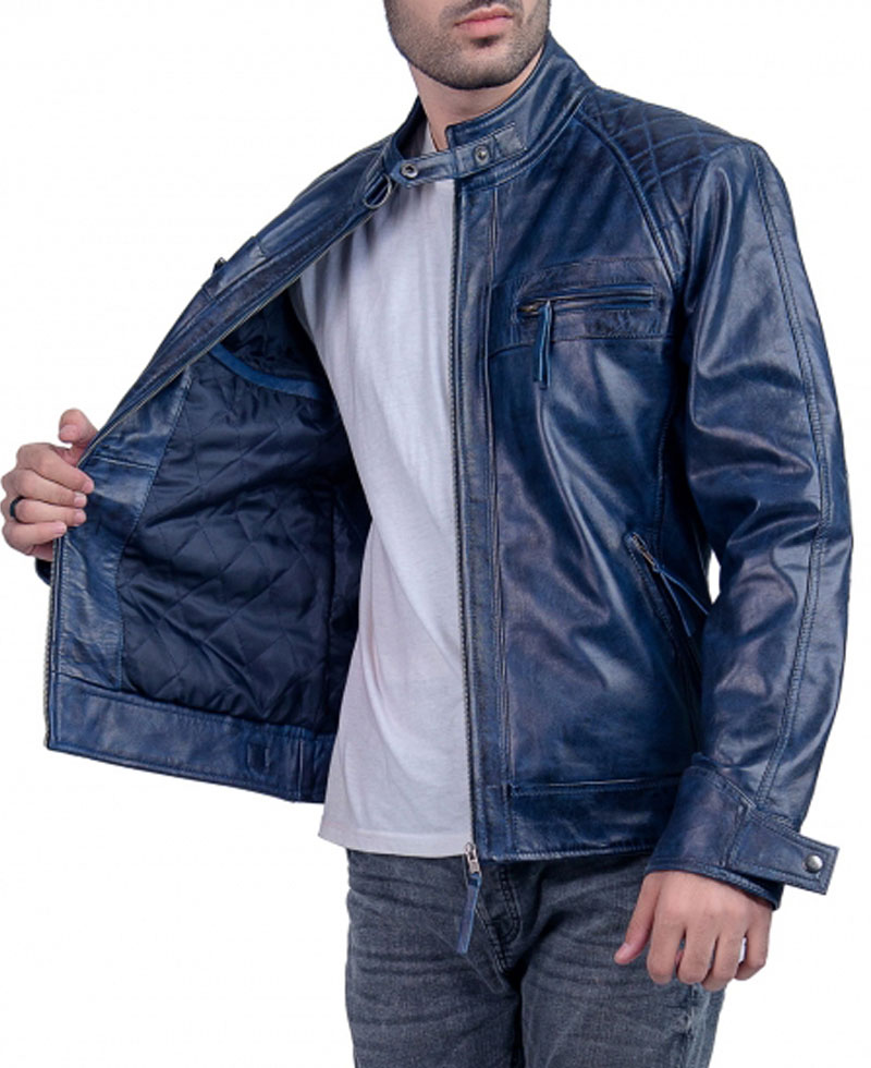 Men's Biker Cafe Racer Blue Quilted Leather Jacket Men's Biker Cafe Racer Blue Quilted Leather Jacket - Image 4