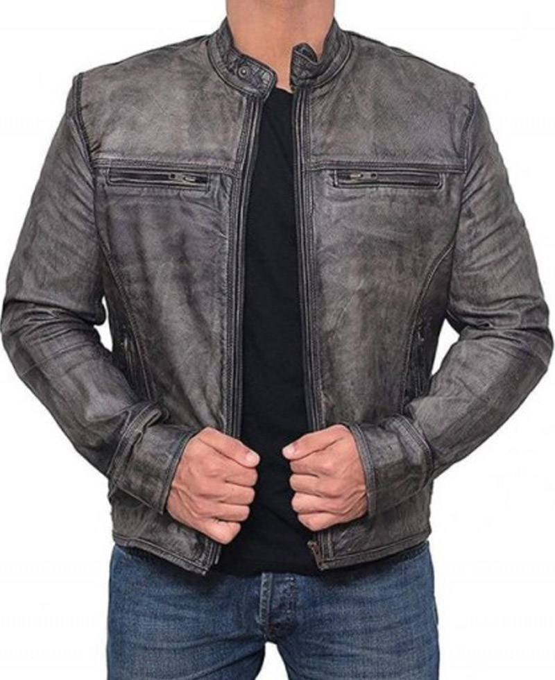 Men's Cafe Racer Motorcycle Grey Leather Jacket Men's Cafe Racer Motorcycle Grey Leather Jacket - Image 3