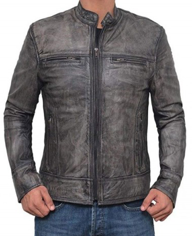 Men's Cafe Racer Motorcycle Grey Leather Jacket