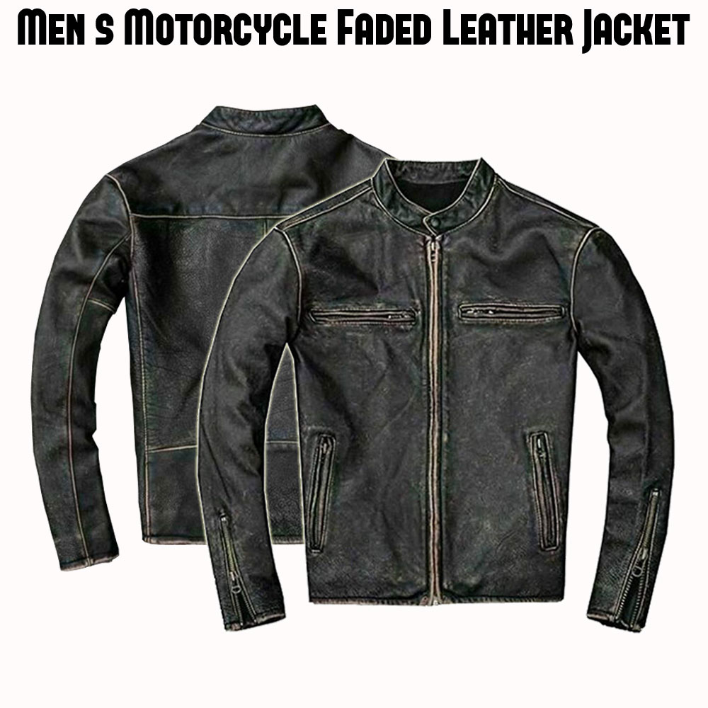 Men's Faded Black Leather Motorcycle Jacket Men's Faded Black Leather Motorcycle Jacket - Image 3