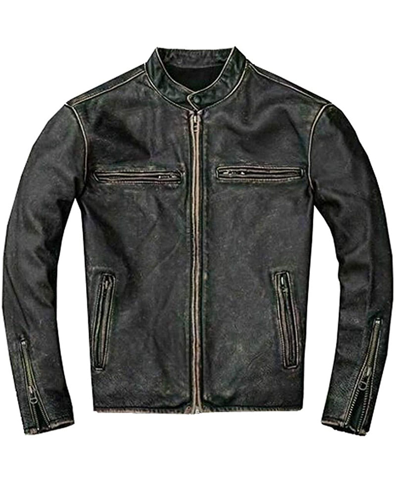 Men's Faded Black Leather Motorcycle Jacket Men's Faded Black Leather Motorcycle Jacket - Image 4