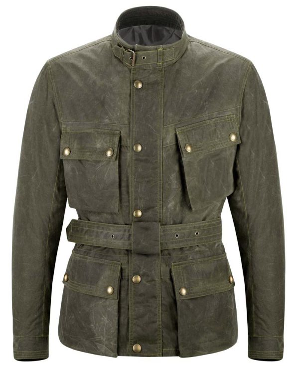 Men's Biker Olive Green Leather Belted Jacket