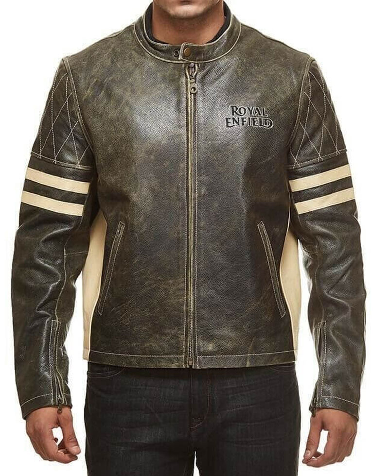 Men's Royal Enfield Striped Biker Leather Jacket Men's Royal Enfield Striped Biker Leather Jacket